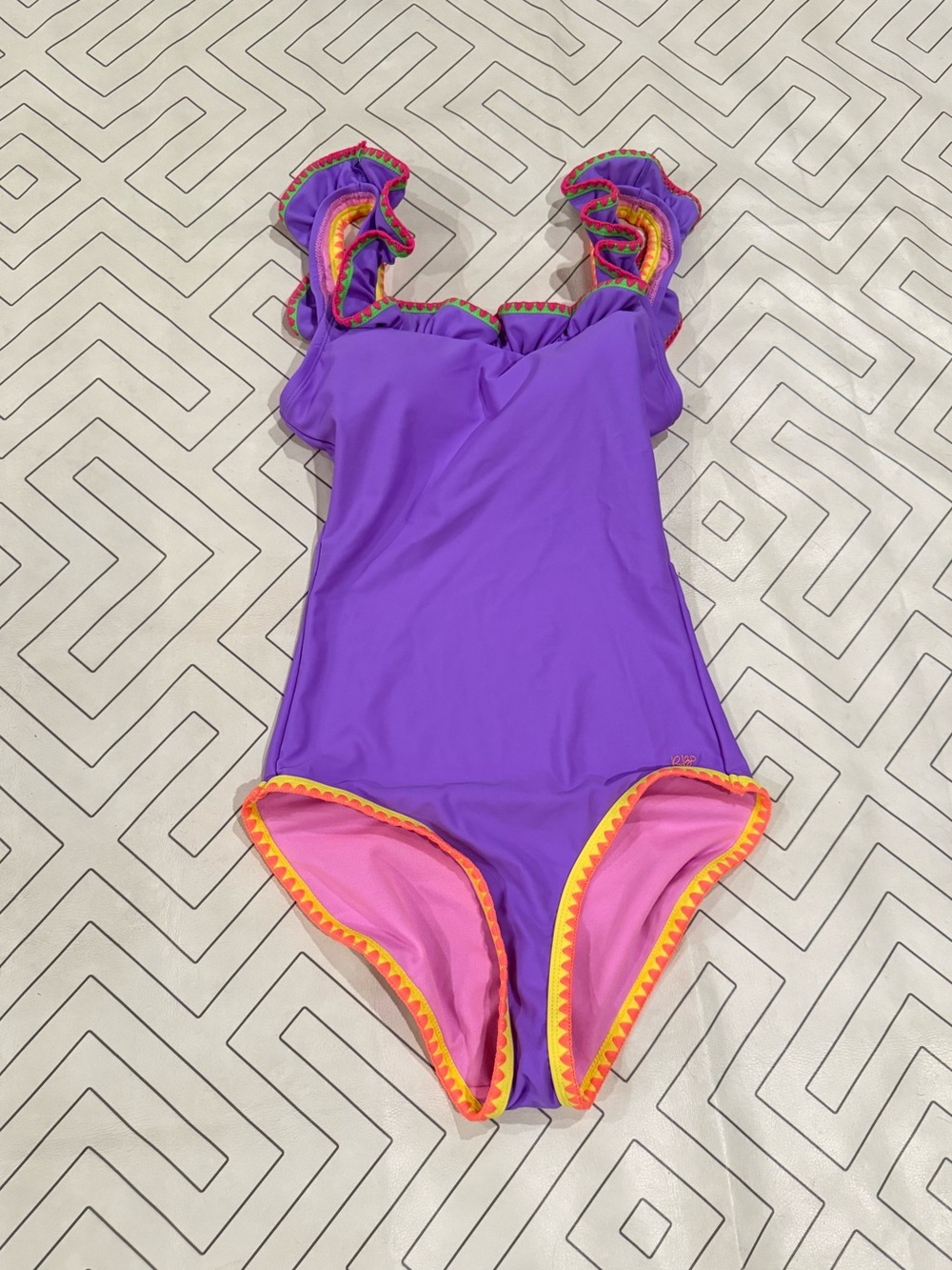 New Ruffle Butts Purple Ruffle One-Piece Swimsuit with Pink & Yellow Trim